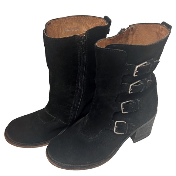 JL J. Litvack Moto Boots Booties Black Suede Four Buckle Chunky Stacked Heel - Picture 8 of 16